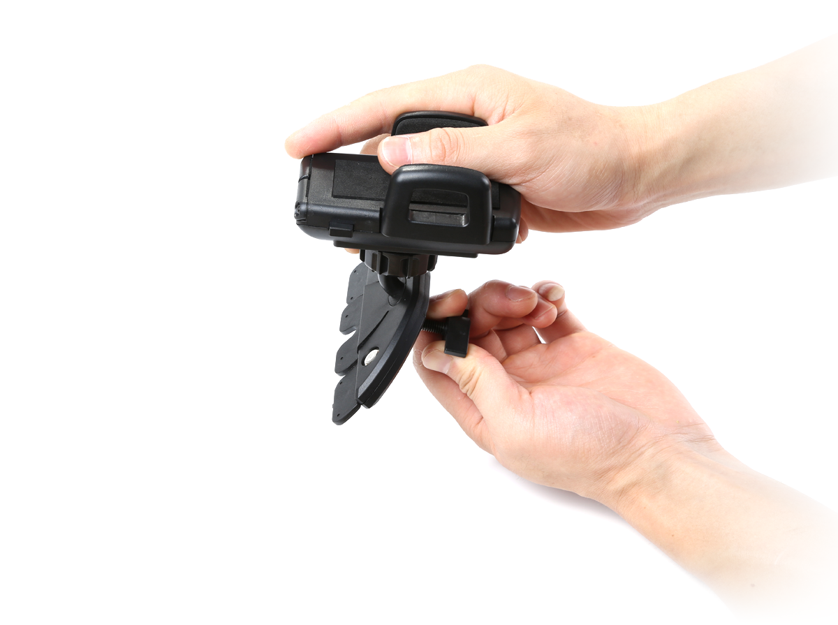 Close-up image of hands holding a mobile device accessory. 